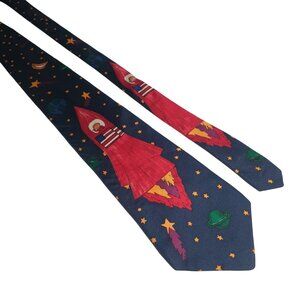 Save Children Blue Silk Novelty Tie Rocket Space Pattern Fun Necktie Blast Off